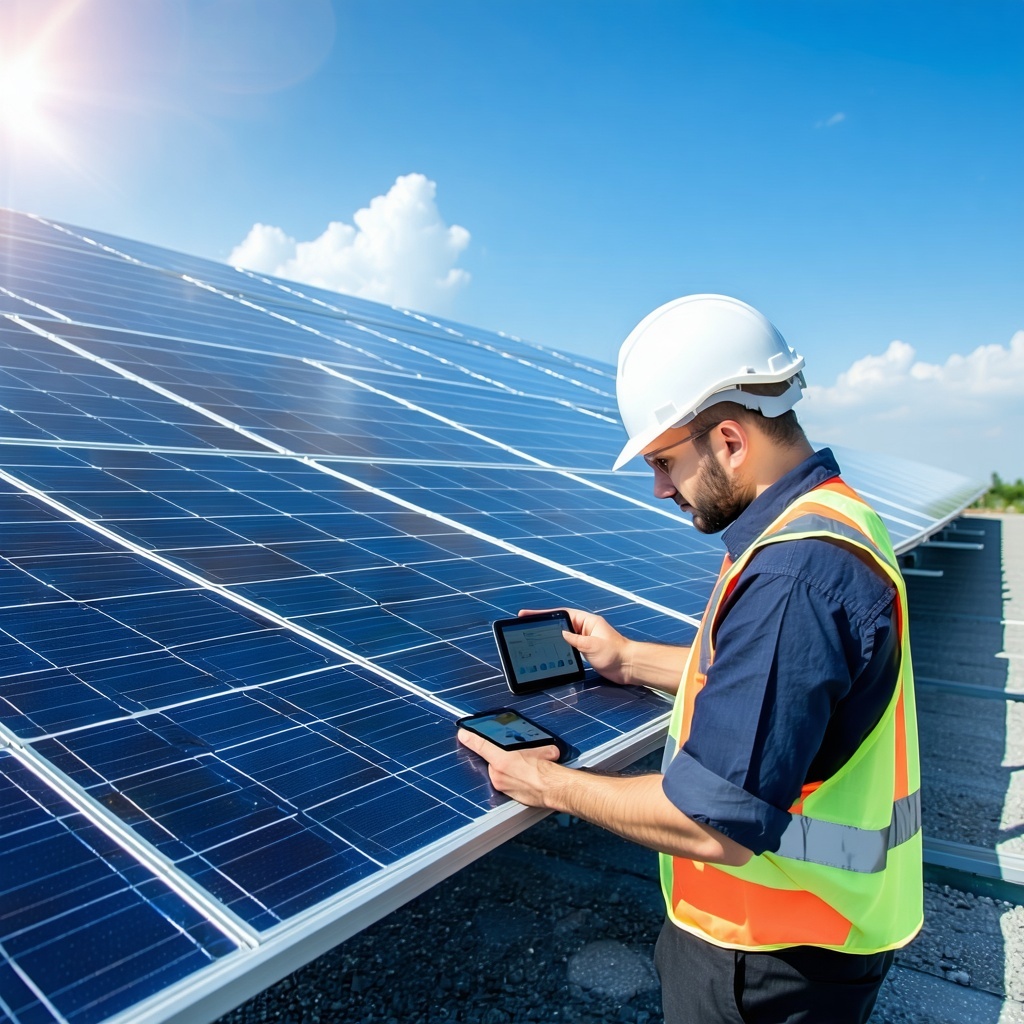 Solar field technician scanning and reading RFID tags solar panels. 